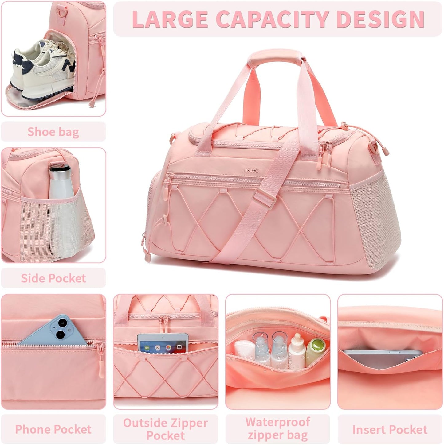40L Sports Travel Duffel Bag Gym Backpack with Shoe Compartment for Women - Pink