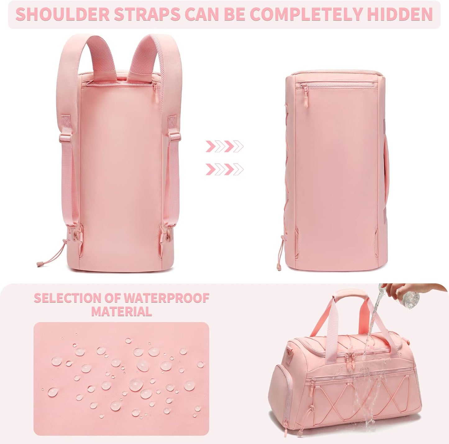 40L Sports Travel Duffel Bag Gym Backpack with Shoe Compartment for Women - Pink