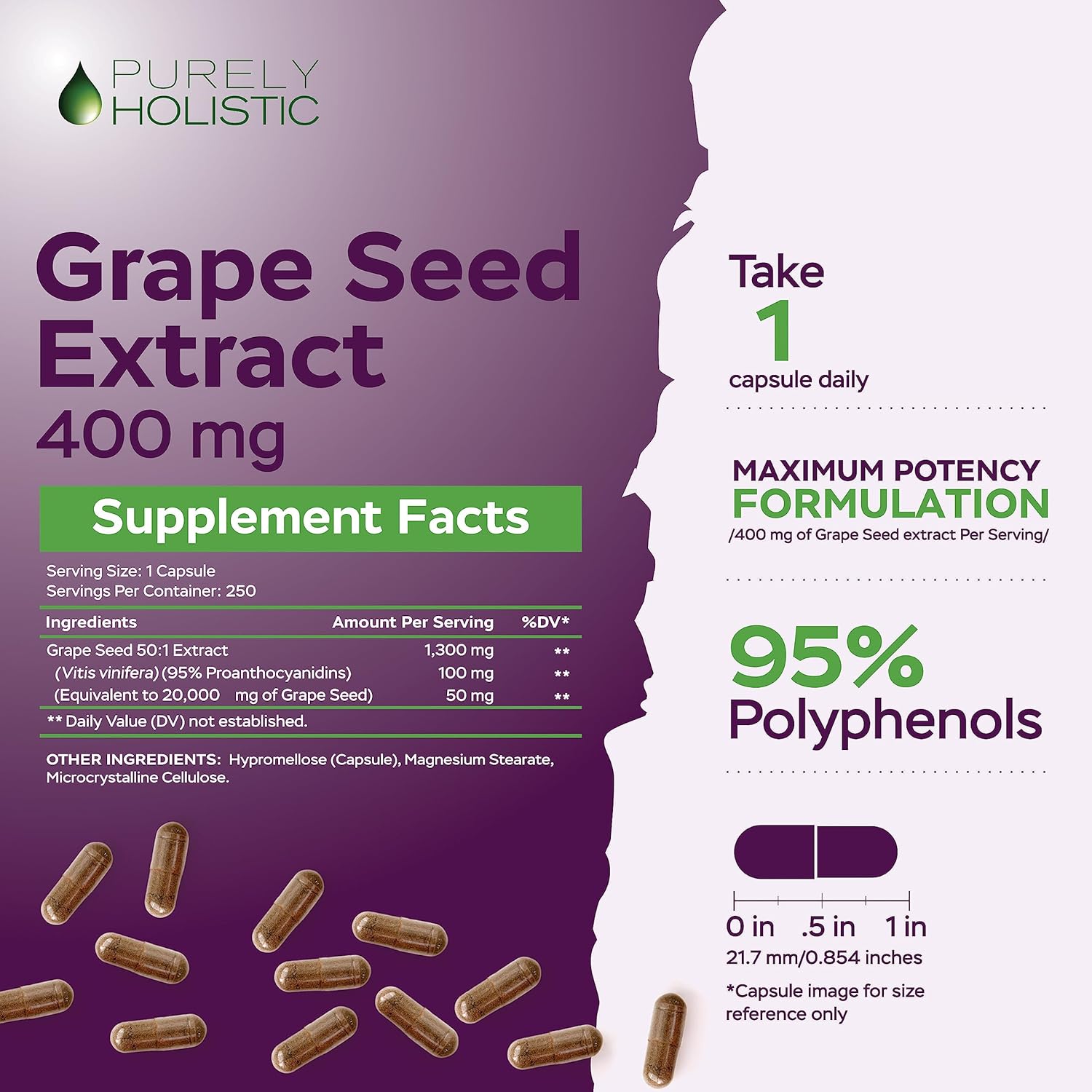 430 Vegan Capsules of Purely Holistic Grape Seed Extract 400mg with Tart Cherry & Celery Seed - Made in USA