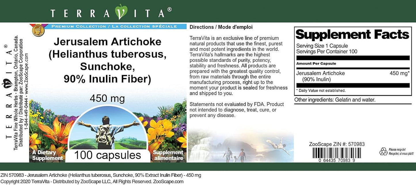 450mg Jerusalem Artichoke Capsules - High Inulin Fiber Content, Sunchoke Supplement for Digestive Health