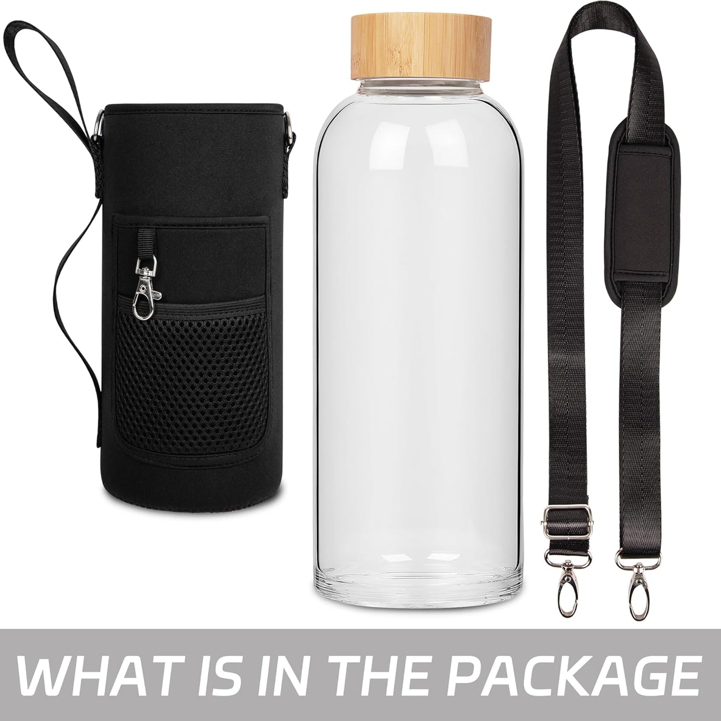 48 oz Borosilicate Glass Water Bottle with Bamboo Lid, Neoprene Sleeve - Ferexer Sports Bottle