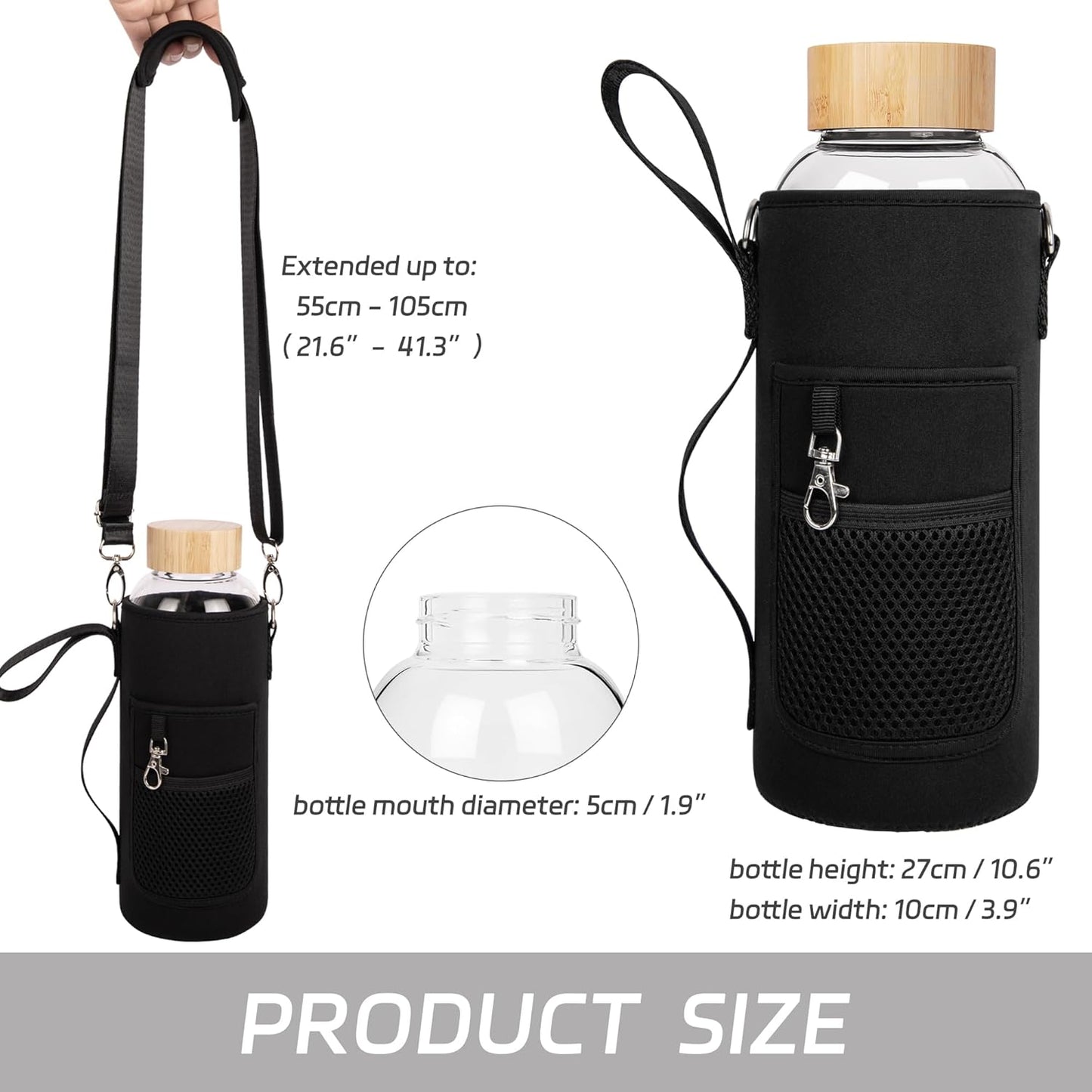 48 oz Borosilicate Glass Water Bottle with Bamboo Lid, Neoprene Sleeve - Ferexer Sports Bottle