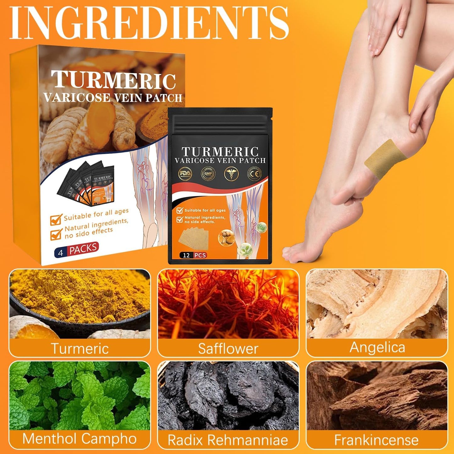 48 pcs Turmeric Varicose Vein Patches - Natural Relief for Leg Veins in Women and Men