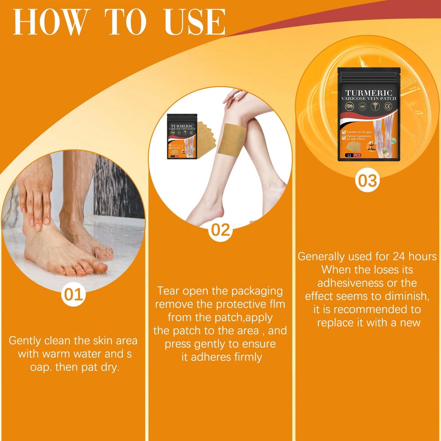 48 pcs Turmeric Varicose Vein Patches - Natural Relief for Leg Veins in Women and Men