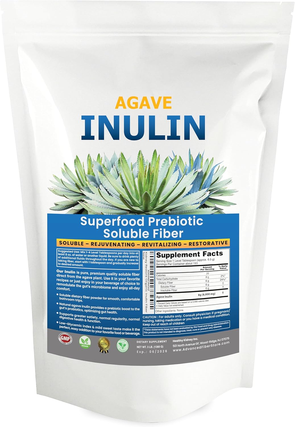 48oz Kidney Restore Inulin Powder: Vegan Prebiotic Soluble Fiber for Digestive Health & Gut Support