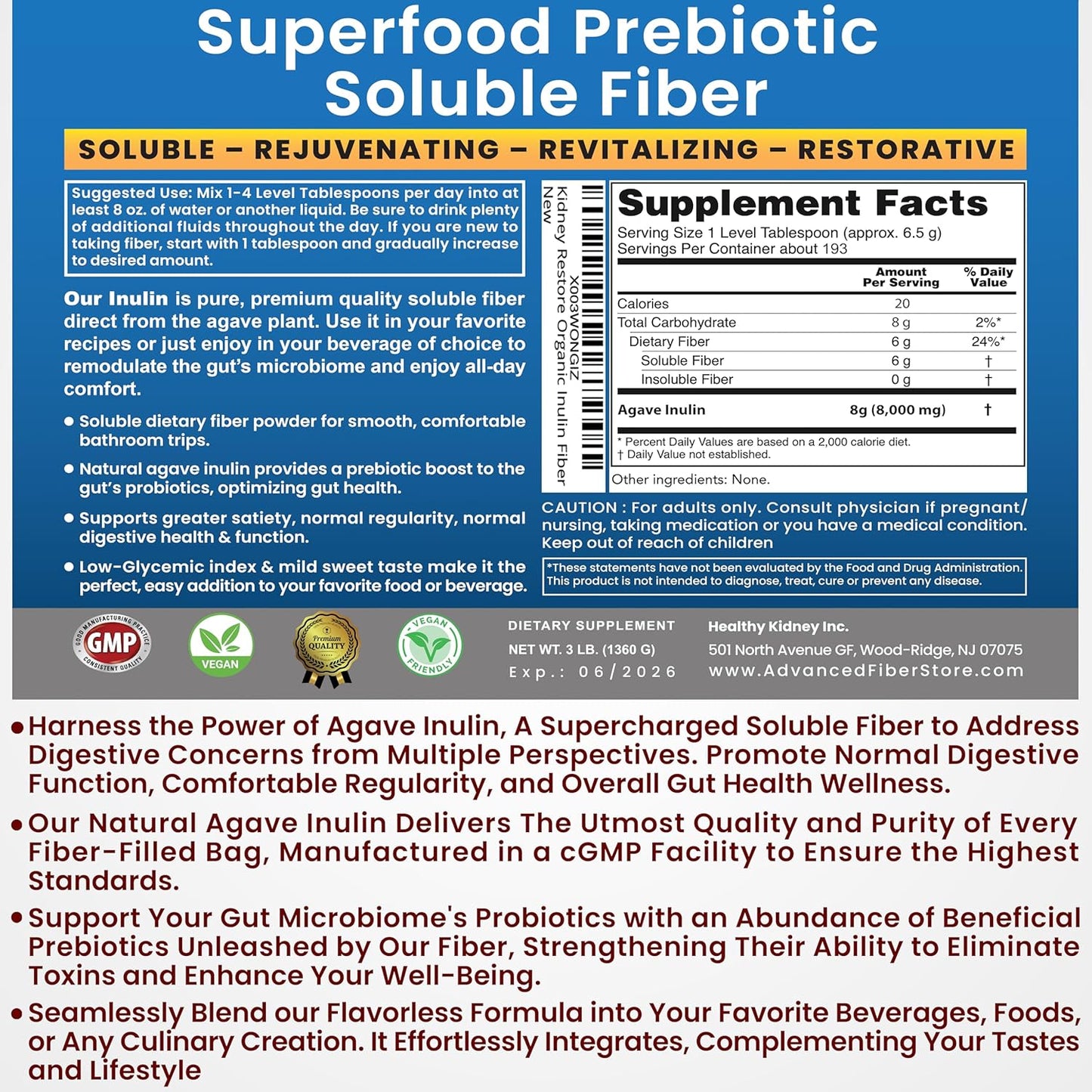 48oz Kidney Restore Inulin Powder: Vegan Prebiotic Soluble Fiber for Digestive Health & Gut Support