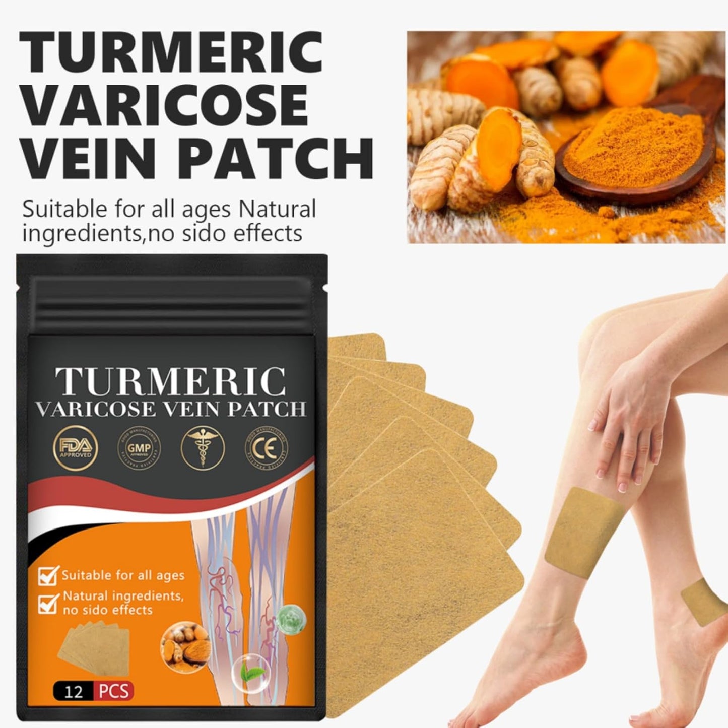 48PCS Turmeric Varicose Vein Patch for Legs - Natural Relief from Varicose Veins and Spider Veins