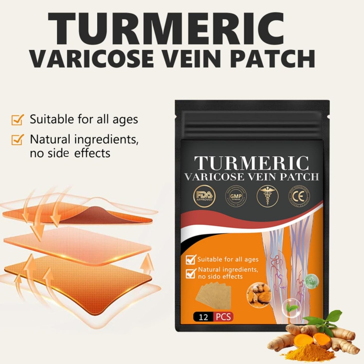 48PCS Turmeric Varicose Vein Patch for Legs - Natural Relief from Varicose Veins and Spider Veins