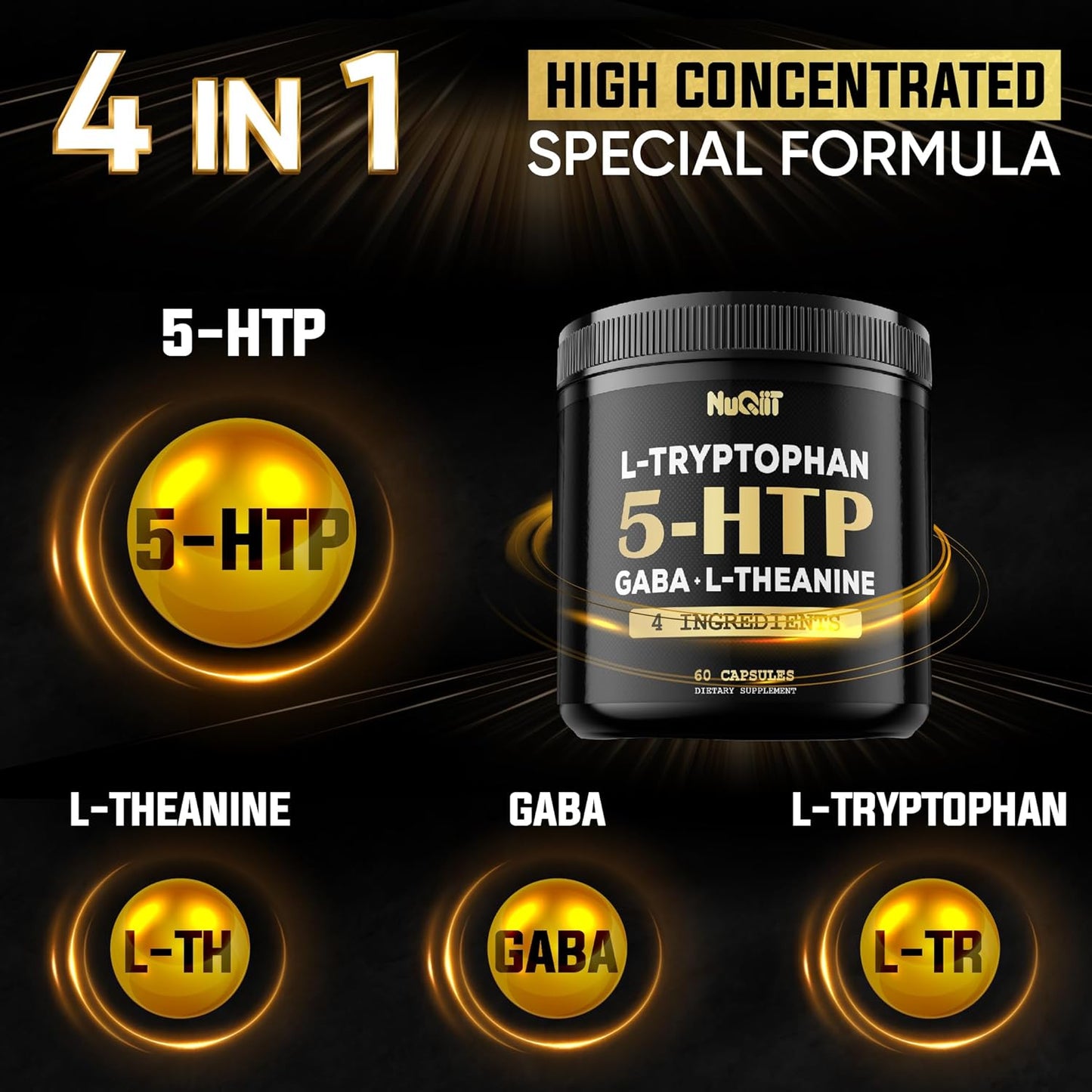 4in1 Premium Blend Supplement for Brain, Circulation, Concentration, and Sleep - 60 Capsules - NUQIIT 5 HTP 200mg GABA 500mg L-Theanine 200mg L-Tryptophan 100mg - Supports Overall Health