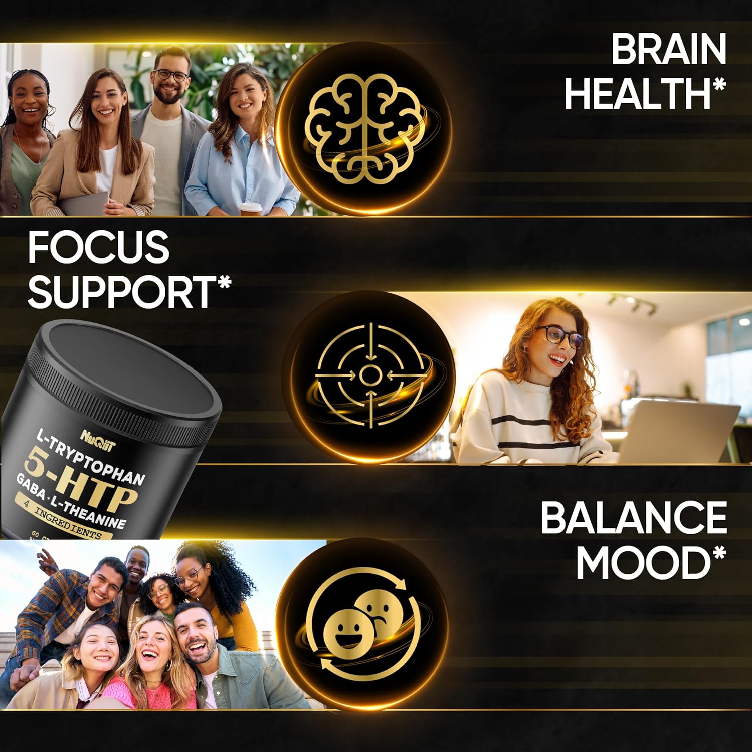 4in1 Premium Blend Supplement for Brain, Circulation, Concentration, and Sleep - 60 Capsules - NUQIIT 5 HTP 200mg GABA 500mg L-Theanine 200mg L-Tryptophan 100mg - Supports Overall Health