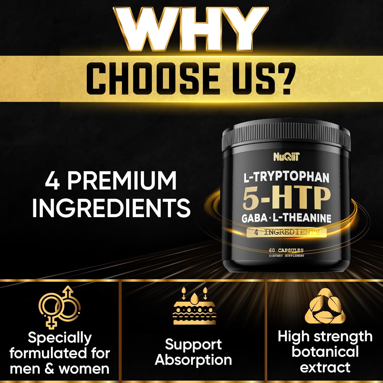 4in1 Premium Blend Supplement for Brain, Circulation, Concentration, and Sleep - 60 Capsules - NUQIIT 5 HTP 200mg GABA 500mg L-Theanine 200mg L-Tryptophan 100mg - Supports Overall Health