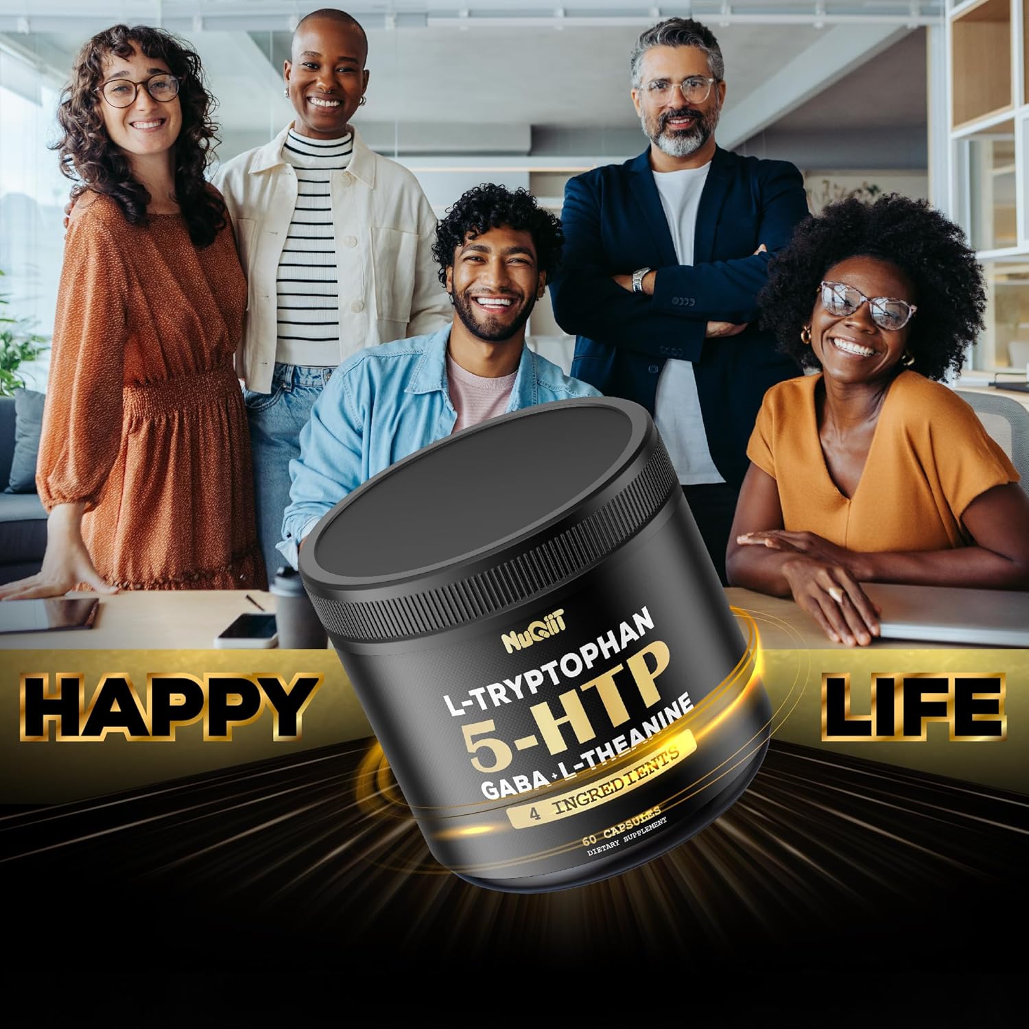 4in1 Premium Blend Supplement for Brain, Circulation, Concentration, and Sleep - 60 Capsules - NUQIIT 5 HTP 200mg GABA 500mg L-Theanine 200mg L-Tryptophan 100mg - Supports Overall Health