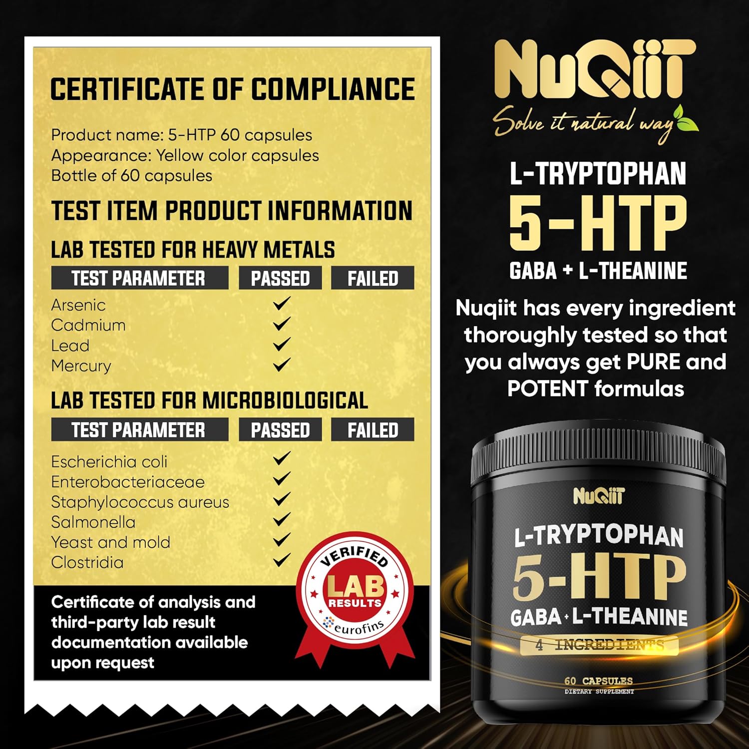 4in1 Premium Blend Supplement for Brain, Circulation, Concentration, and Sleep - 60 Capsules - NUQIIT 5 HTP 200mg GABA 500mg L-Theanine 200mg L-Tryptophan 100mg - Supports Overall Health