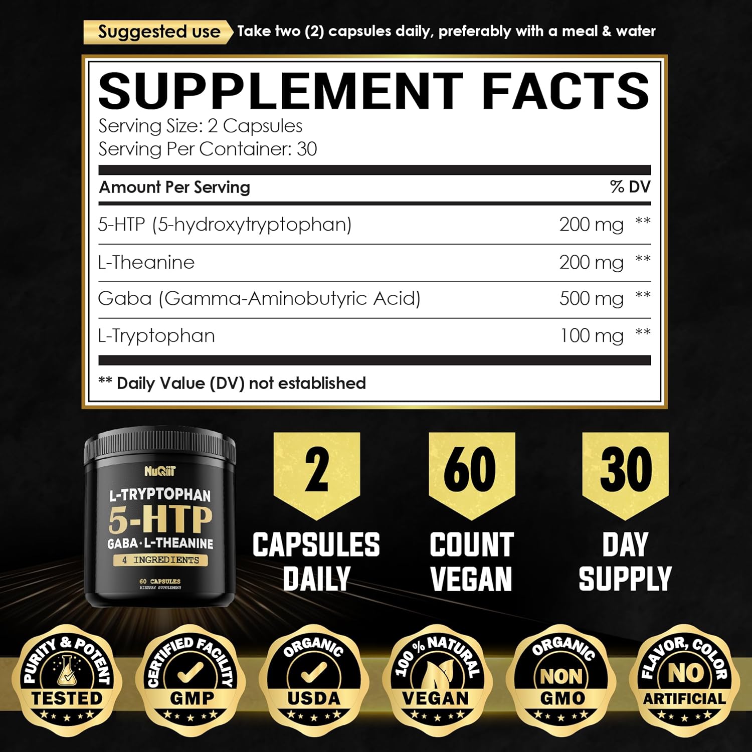 4in1 Premium Blend Supplement for Brain, Circulation, Concentration, and Sleep - 60 Capsules - NUQIIT 5 HTP 200mg GABA 500mg L-Theanine 200mg L-Tryptophan 100mg - Supports Overall Health