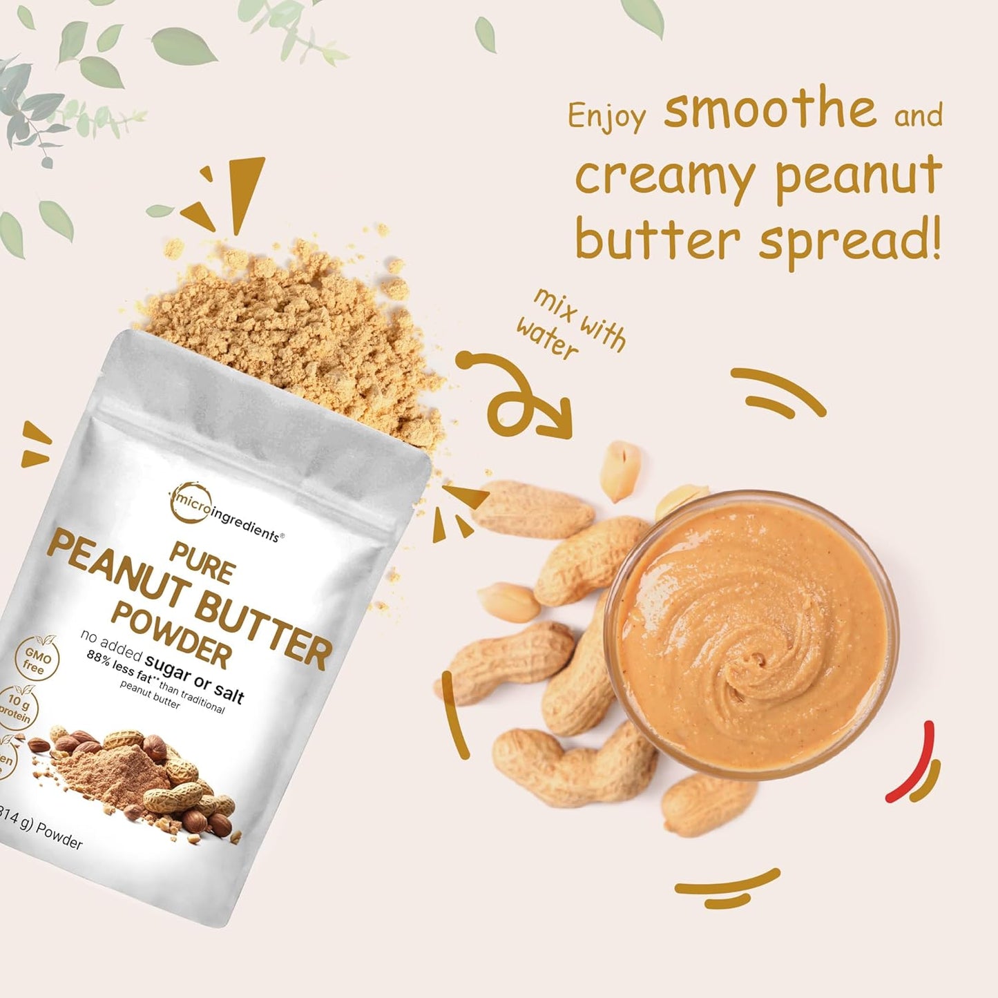 4lbs Micro Ingredients Peanut Butter Powder - 106 Servings, 10g Protein, 88% Less Fat, No Added Sugar/Salt, Non-GMO