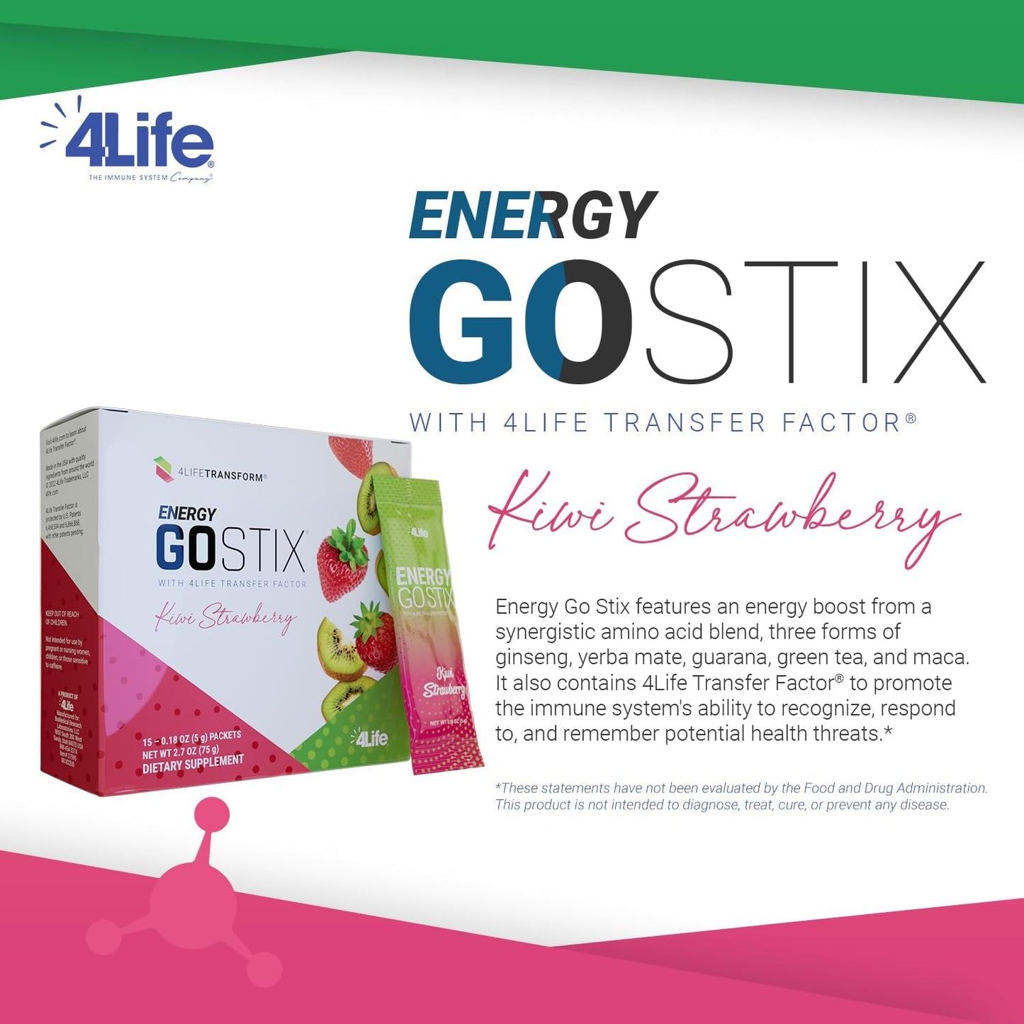 4Life Energy Go Stix - Natural Caffeine Drink Mix with Guarana, Maca, Yerba Mate, and Green Tea - Kiwi Strawberry Flavor - 15 Packets