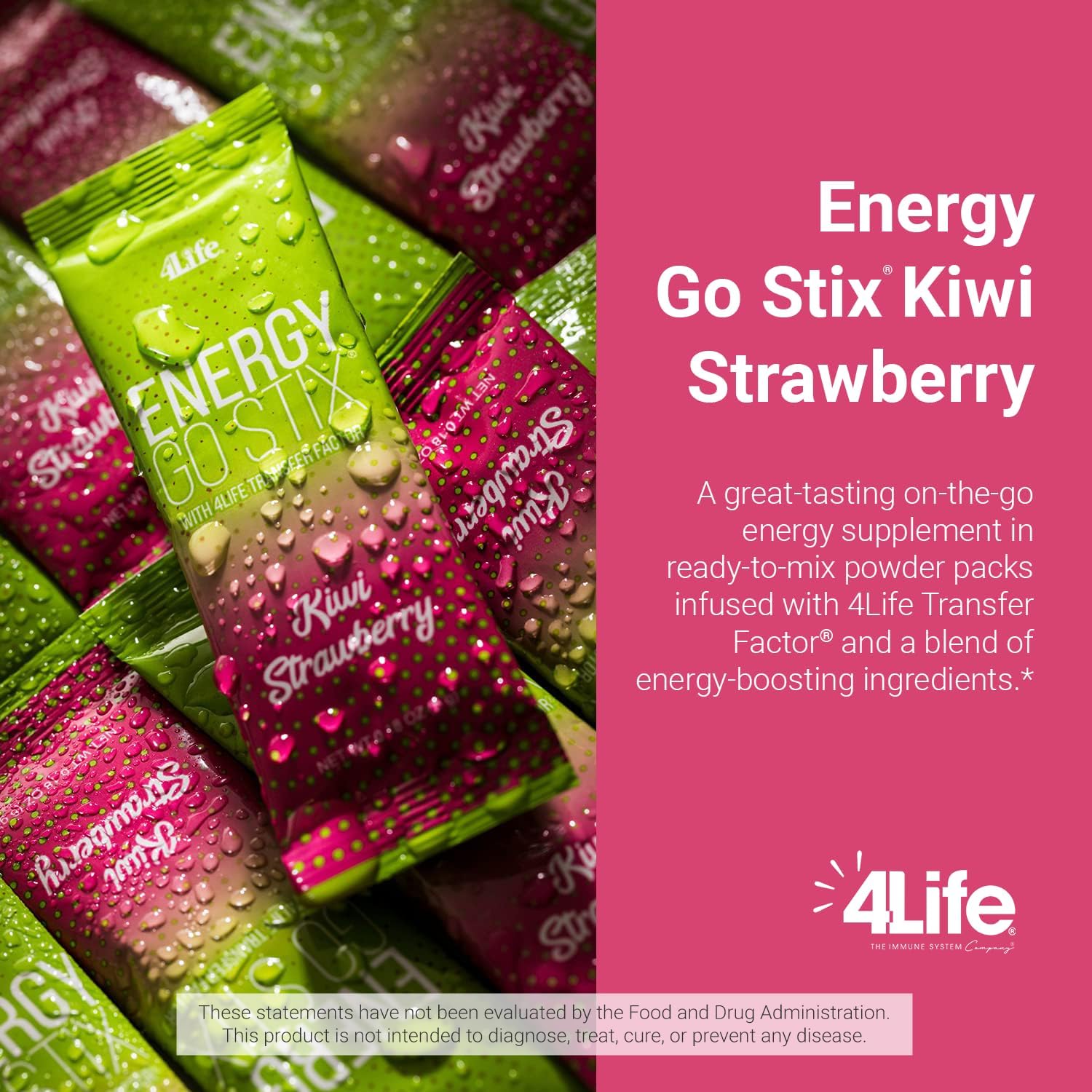 4Life Energy Go Stix - Natural Caffeine Drink Mix with Guarana, Maca, Yerba Mate, and Green Tea - Kiwi Strawberry Flavor - 15 Packets