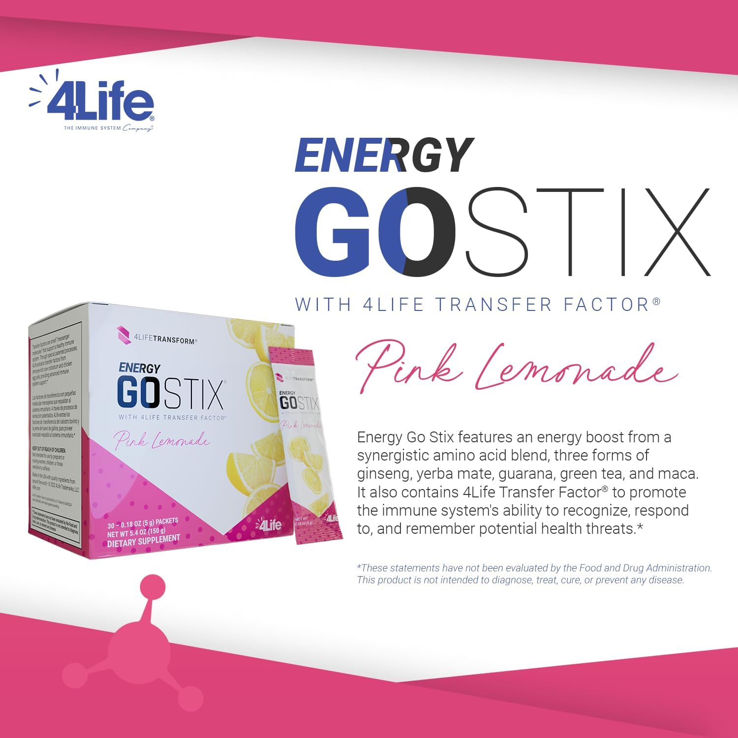 4Life Energy Go Stix Pink Lemonade Drink Mix - 30 Packets, Guarana, Maca, Yerba Mate, Green Tea Extract