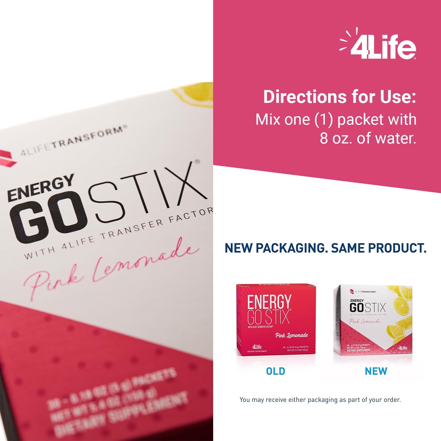 4Life Energy Go Stix Pink Lemonade Drink Mix - 30 Packets, Guarana, Maca, Yerba Mate, Green Tea Extract
