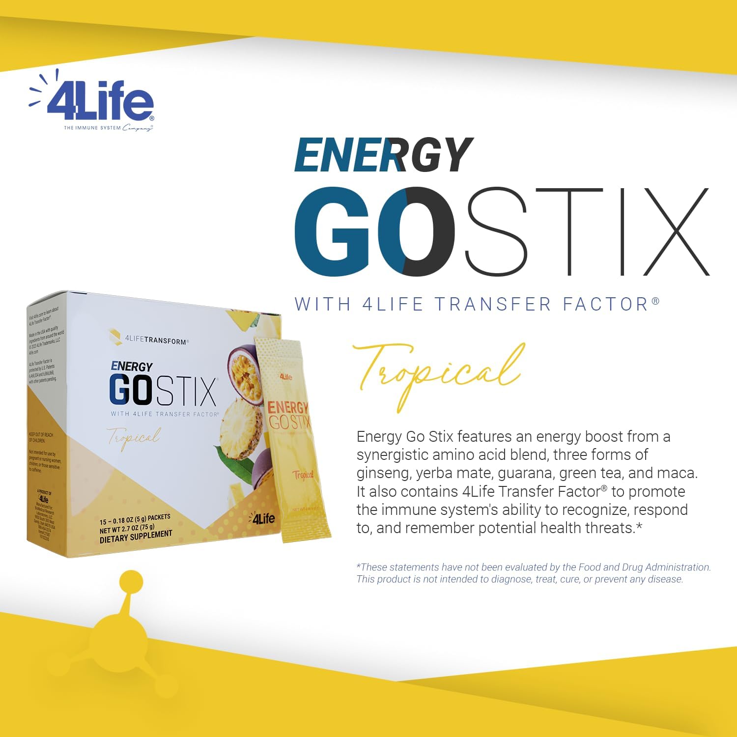 4Life Energy Go Stix: Tropical Flavor Energy Drink Mix with Guarana, Maca, Yerba Mate, and Green Tea - 15 Packets