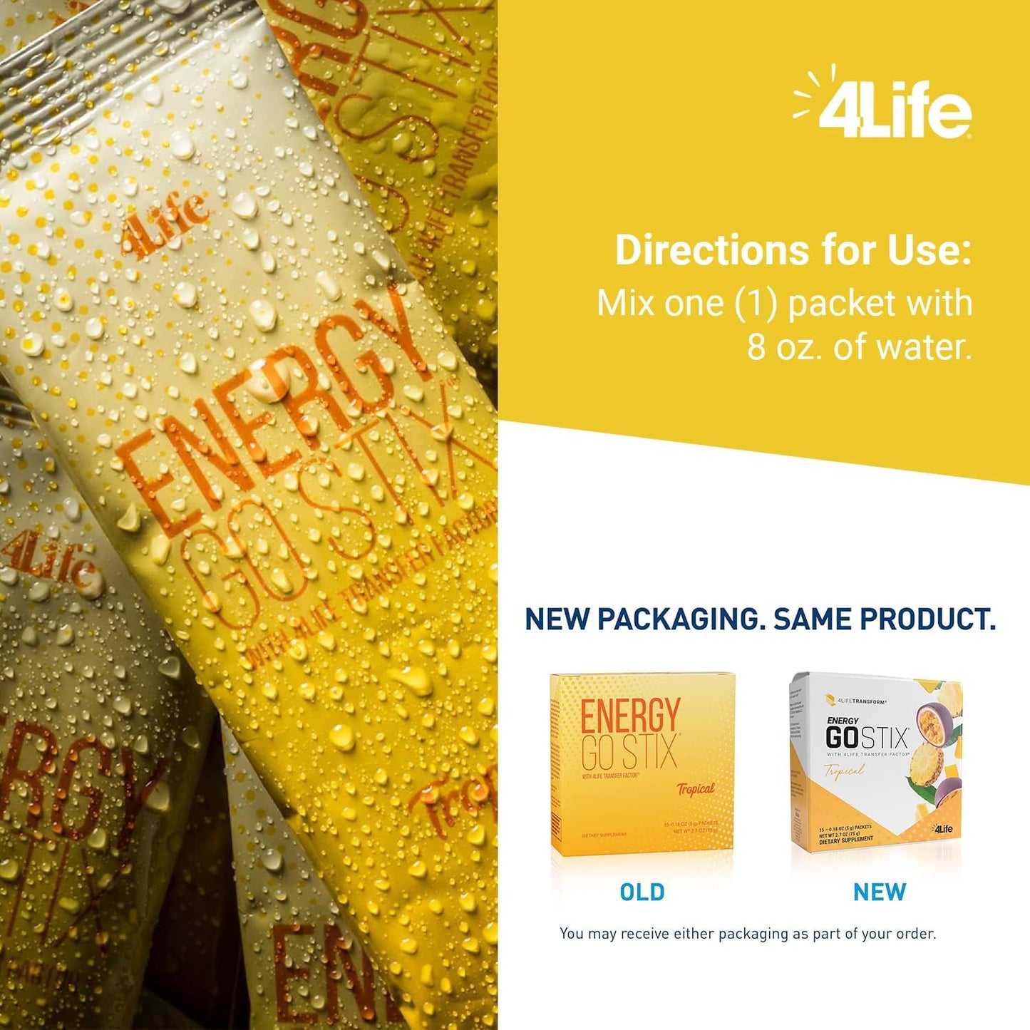 4Life Energy Go Stix: Tropical Flavor Energy Drink Mix with Guarana, Maca, Yerba Mate, and Green Tea - 15 Packets