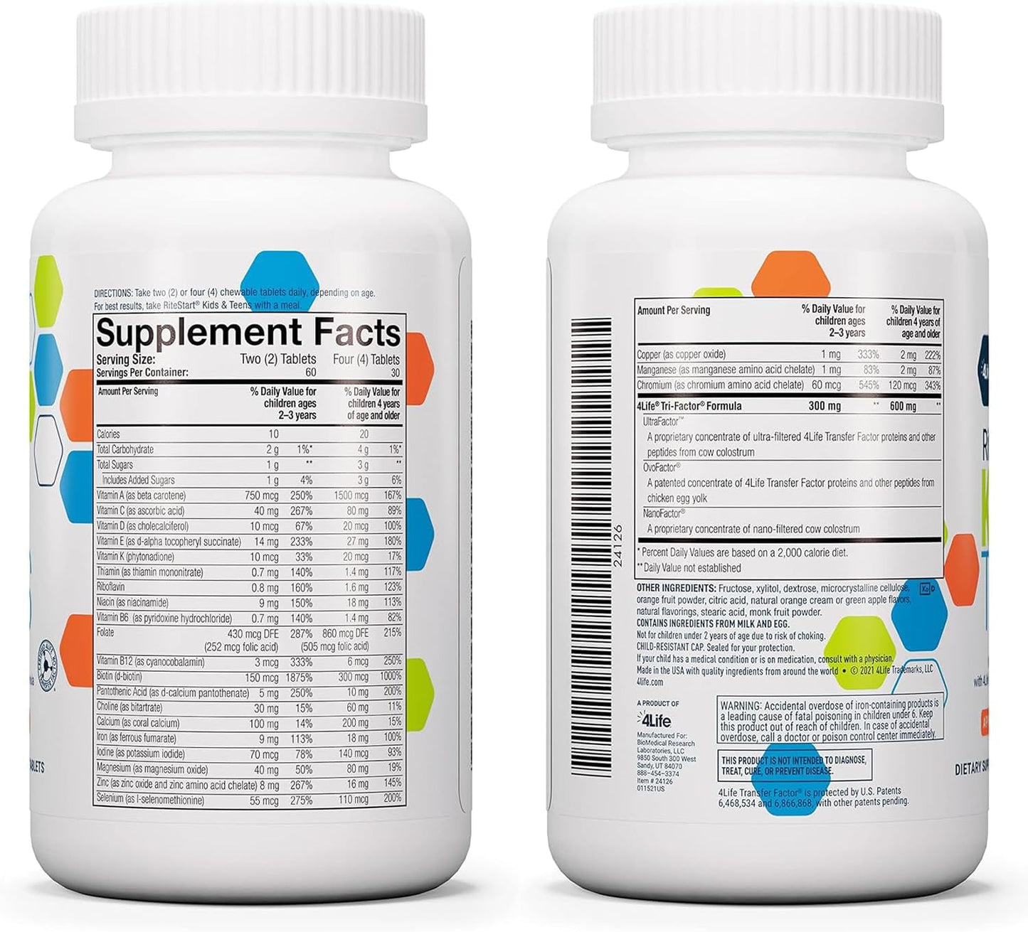 4Life RiteStart Kids and Teens: Apple and Orange Flavors, 22 Essential Vitamins and Minerals, Immune System and Brain Support, Ages 2+, 120 Chewable Tablets