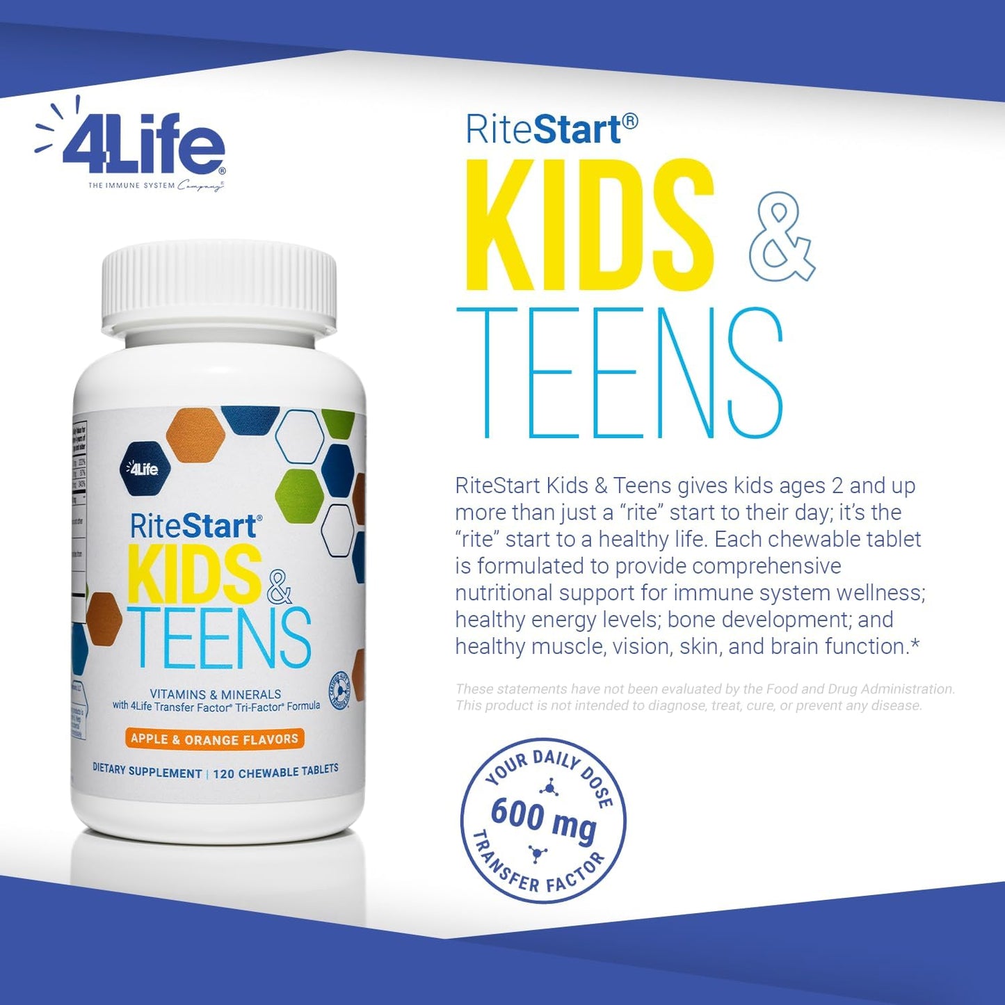 4Life RiteStart Kids and Teens: Apple and Orange Flavors, 22 Essential Vitamins and Minerals, Immune System and Brain Support, Ages 2+, 120 Chewable Tablets