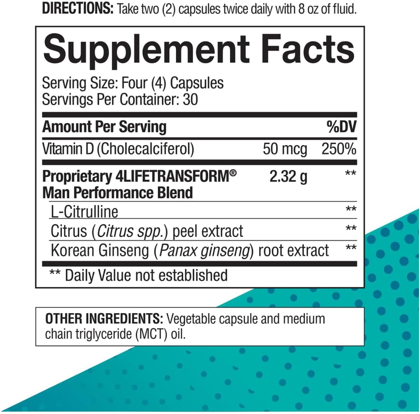 4Life Transform Man - Men's Sexual Performance & Vitality Supplement - Boosts Nitric Oxide, Energy, & Well-Being - L-Citrulline, Vitamin D3, & Korean Ginseng - 120 Capsules