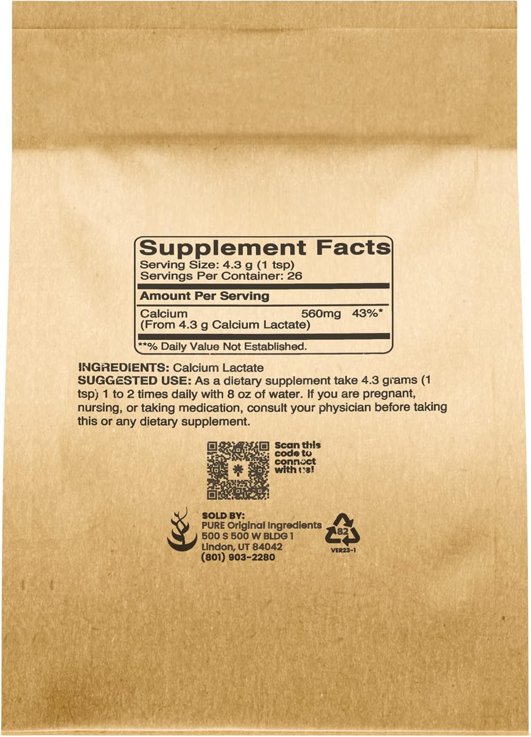 4oz Non-GMO Calcium Lactate Supplement with Pure Original Ingredients for Electrolyte Support