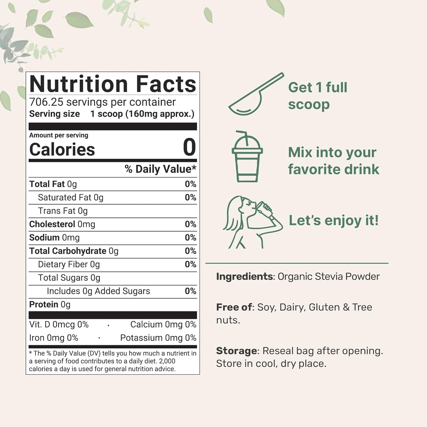 4oz Organic Stevia Powder - 706 Servings, Premium Grade Green Leaf Extract, Bitter-Free, 0 Calorie, Natural Sugar Substitute, Keto-Friendly