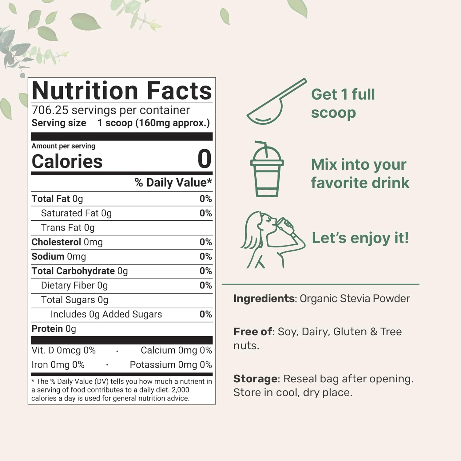 4oz Organic Stevia Powder - 706 Servings, Premium Grade Green Leaf Extract, Bitter-Free, 0 Calorie, Natural Sugar Substitute, Keto-Friendly