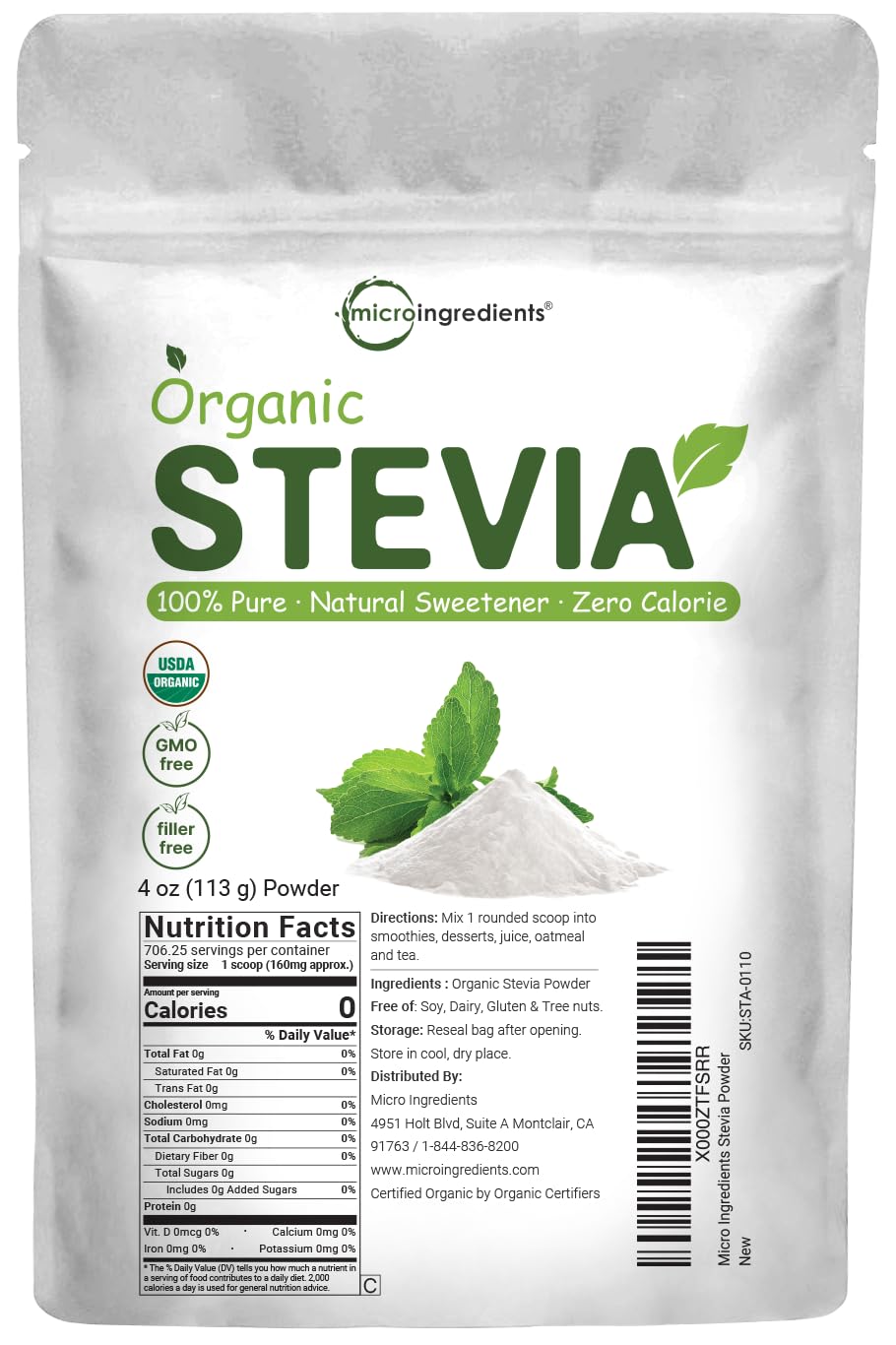 4oz Organic Stevia Powder - 706 Servings, Premium Grade Green Leaf Extract, Bitter-Free, 0 Calorie, Natural Sugar Substitute, Keto-Friendly