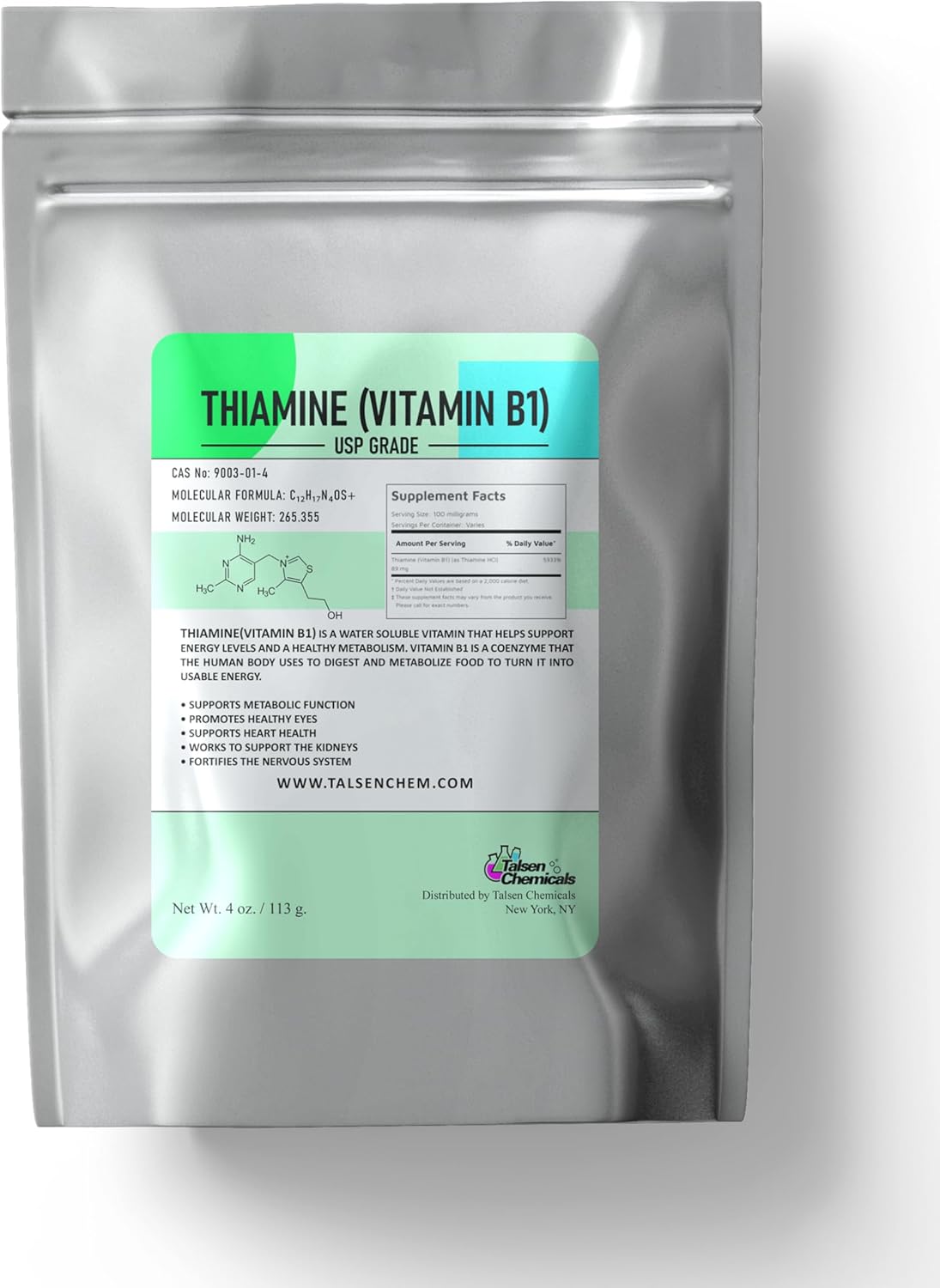 4oz Talsen Chemicals Vitamin B1 Thiamine Powder for Energy Metabolism and Nerve Function Support