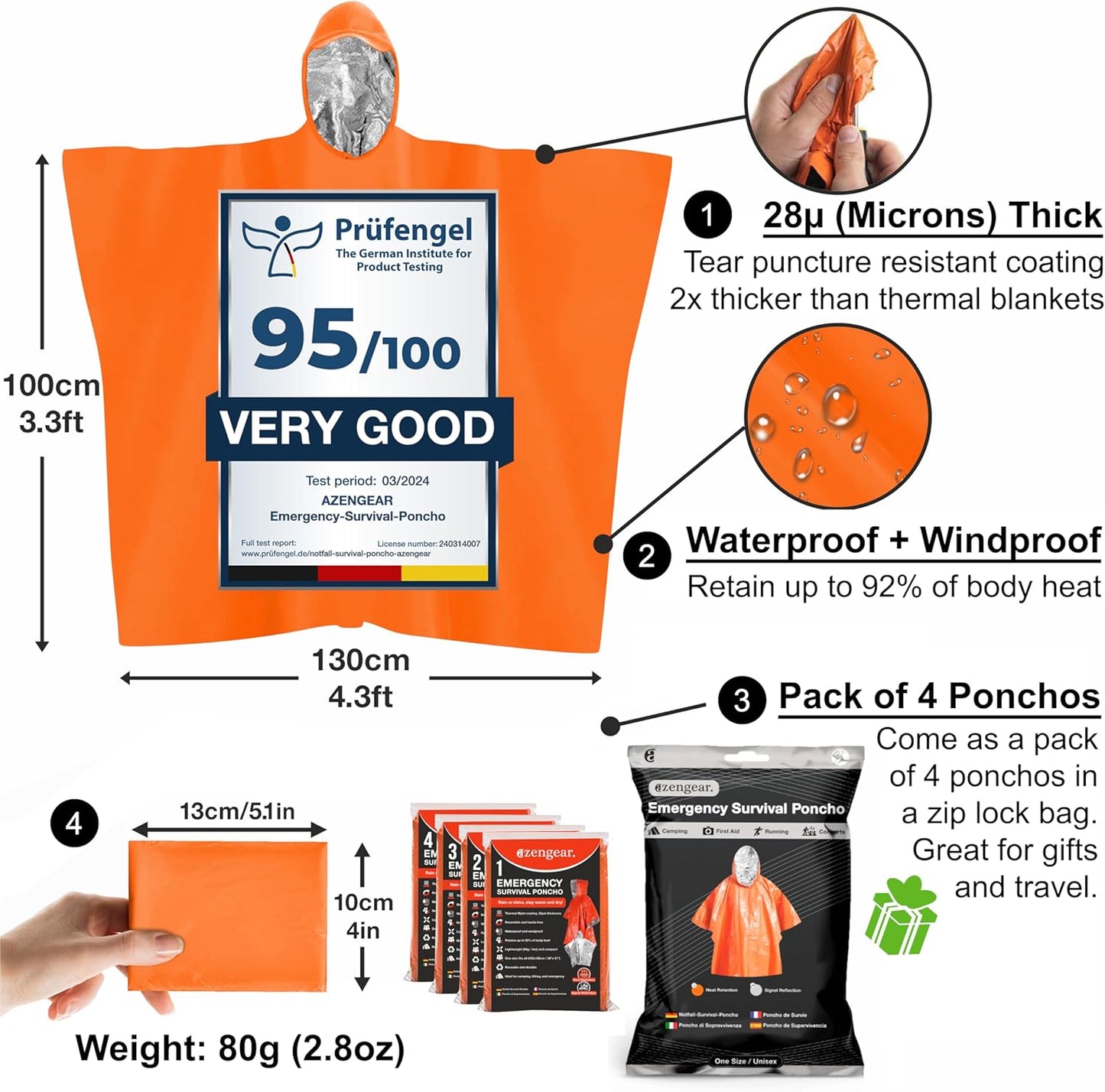 4pc Thermal Mylar Foil Coating Poncho for Emergency Survival | Reversible with Hood | Waterproof, Windproof, Portable Outdoor Gear Kit