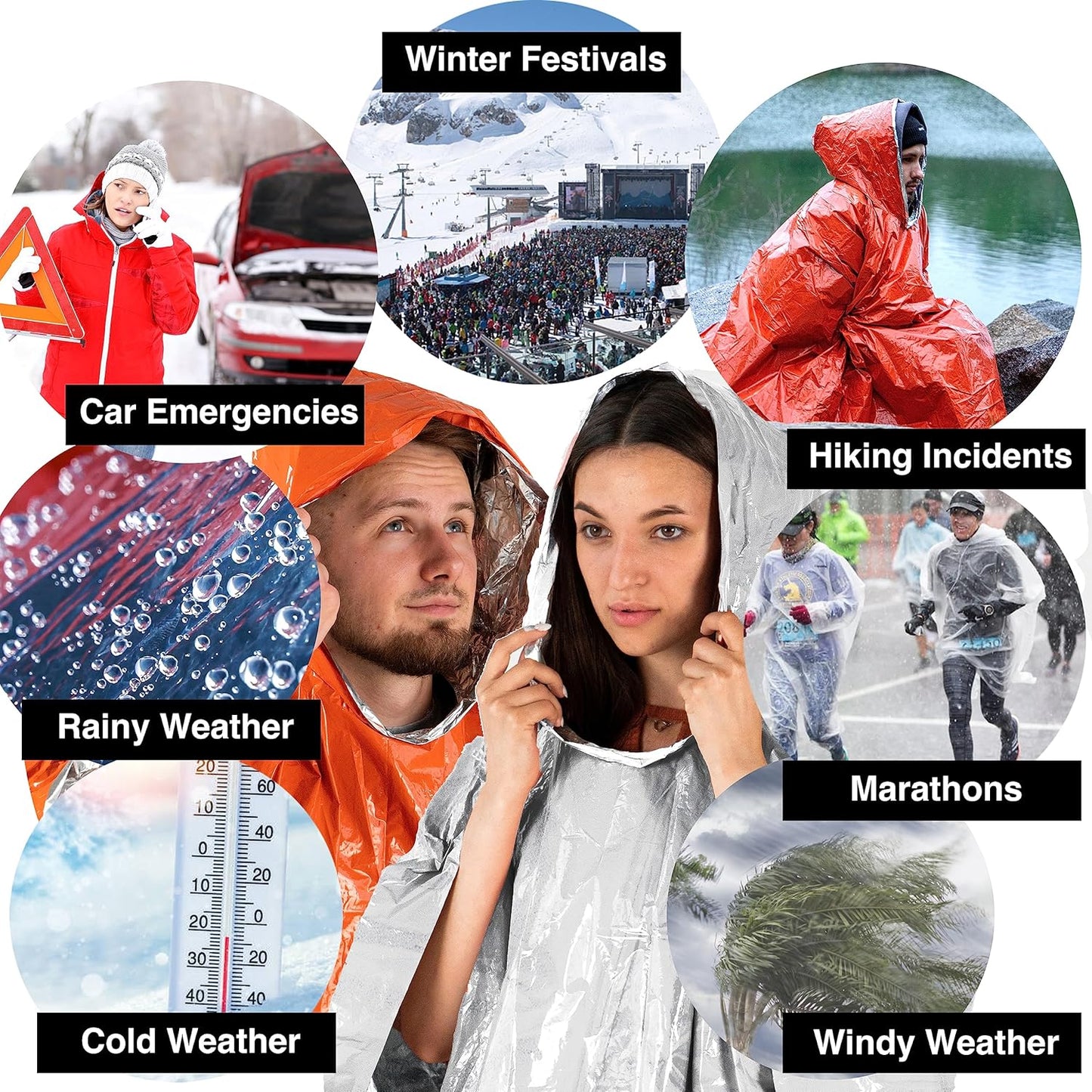4pc Thermal Mylar Foil Coating Poncho for Emergency Survival | Reversible with Hood | Waterproof, Windproof, Portable Outdoor Gear Kit