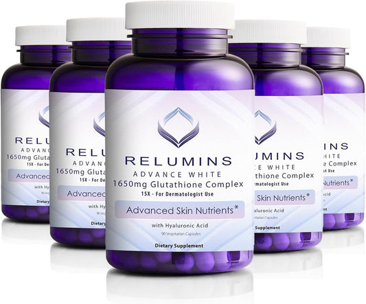 5 Bottles of Relumins Glutathione Complex with Hyaluronic Acid, Alpha Lipoic Acid, Rose HIPS, Riboflavin, & Vitamin E - 90 Veggie Capsules