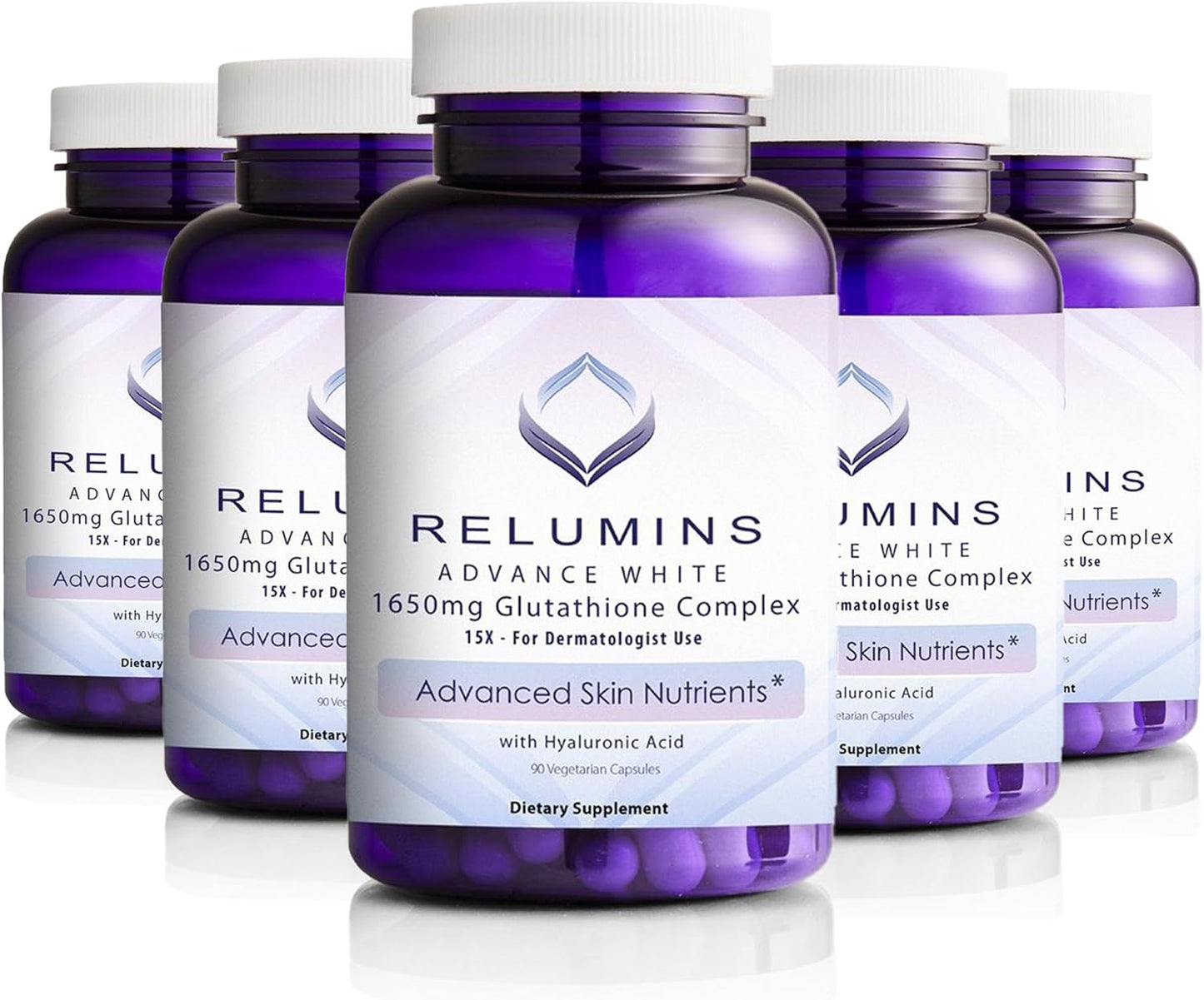5 Bottles of Relumins Glutathione Complex with Hyaluronic Acid, Alpha Lipoic Acid, Rose HIPS, Riboflavin, & Vitamin E - 90 Veggie Capsules