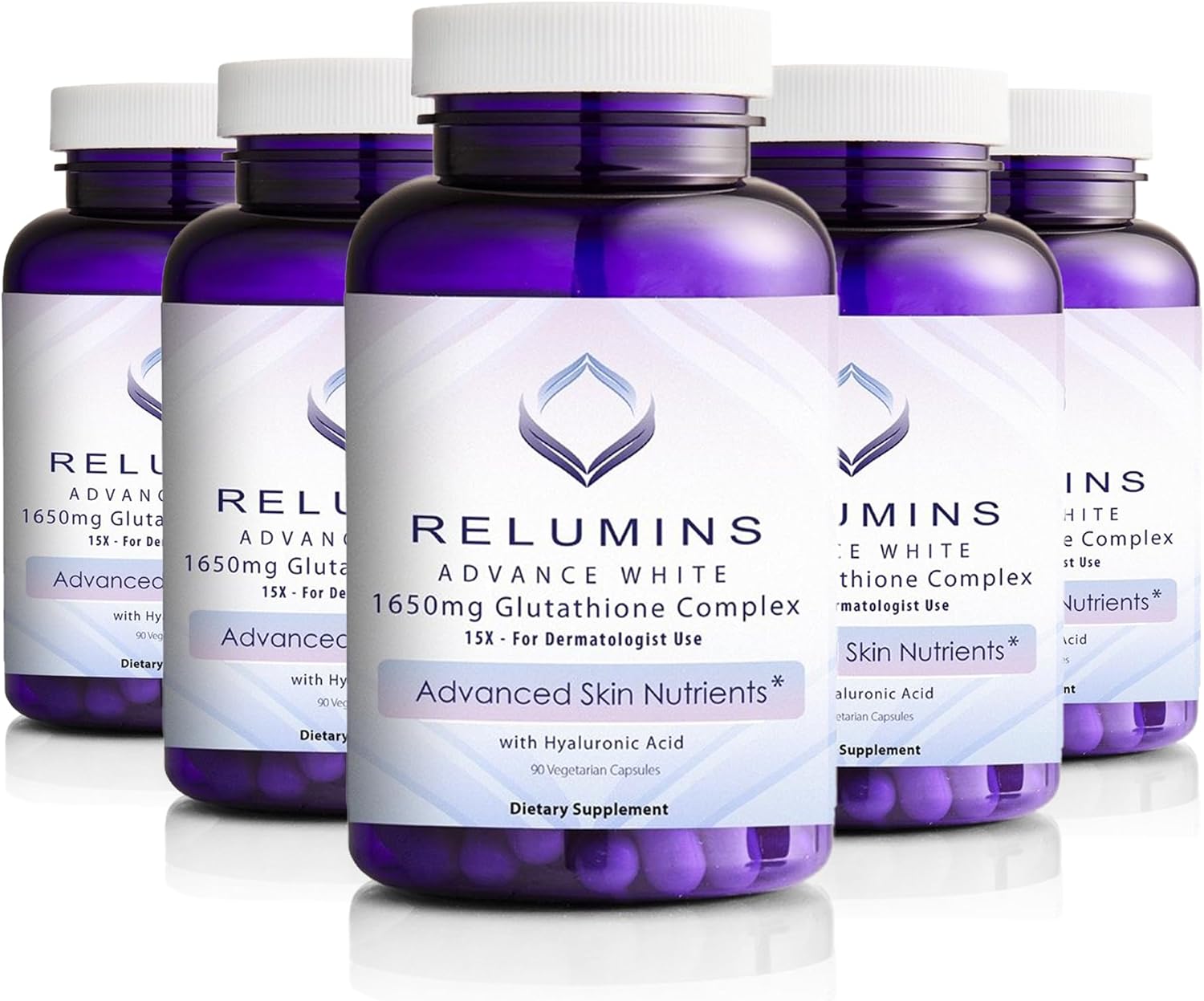5 Bottles of Relumins Glutathione Complex with Hyaluronic Acid, Alpha Lipoic Acid, Rose HIPS, Riboflavin, & Vitamin E - 90 Veggie Capsules