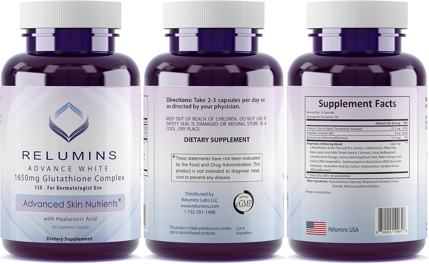 5 Bottles of Relumins Glutathione Complex with Hyaluronic Acid, Alpha Lipoic Acid, Rose HIPS, Riboflavin, & Vitamin E - 90 Veggie Capsules