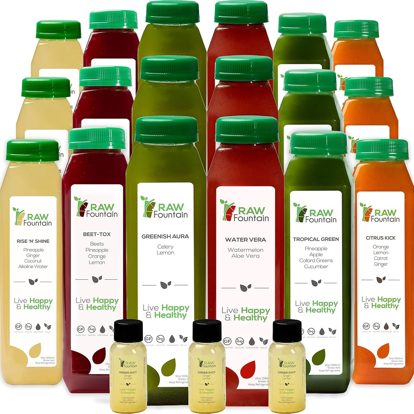5 Day Tropical Juice Cleanse by Raw Fountain - All Natural Raw, Cold Pressed Fruit and Vegetable Juices - Detox Cleanse - 30 Bottles 12oz - Includes 5 Bonus Ginger Shots
