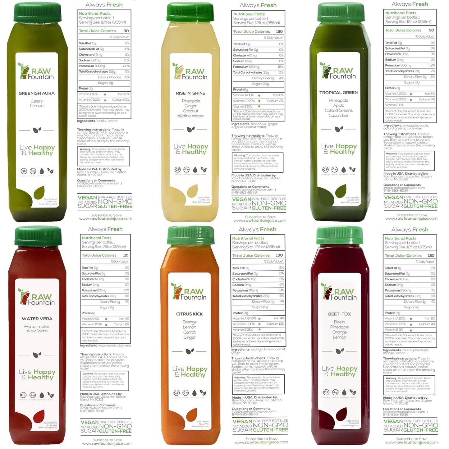 5 Day Tropical Juice Cleanse by Raw Fountain - All Natural Raw, Cold Pressed Fruit and Vegetable Juices - Detox Cleanse - 30 Bottles 12oz - Includes 5 Bonus Ginger Shots