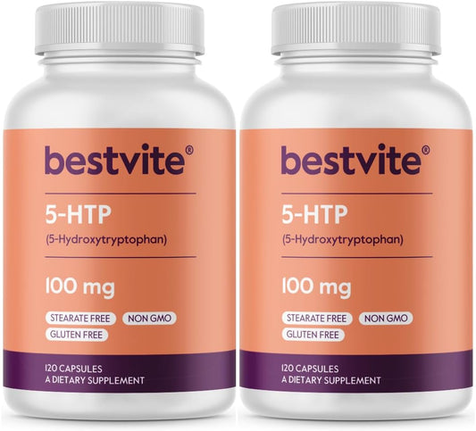5-HTP 100mg Capsules (240 Count) - Double Pack, No Stearates, Flow Agents - Gluten Free, Non GMO - By BESTVITE