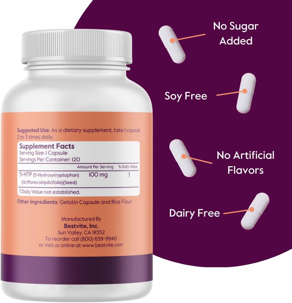 5-HTP 100mg Capsules (240 Count) - Double Pack, No Stearates, Flow Agents - Gluten Free, Non GMO - By BESTVITE