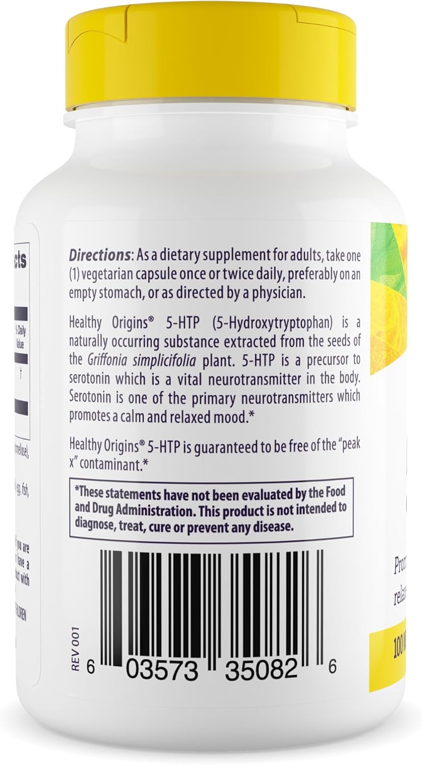 5-HTP 100mg Veggie Capsules - Non-GMO, Gluten-Free, Vegan - Healthy Origins - 120 Count