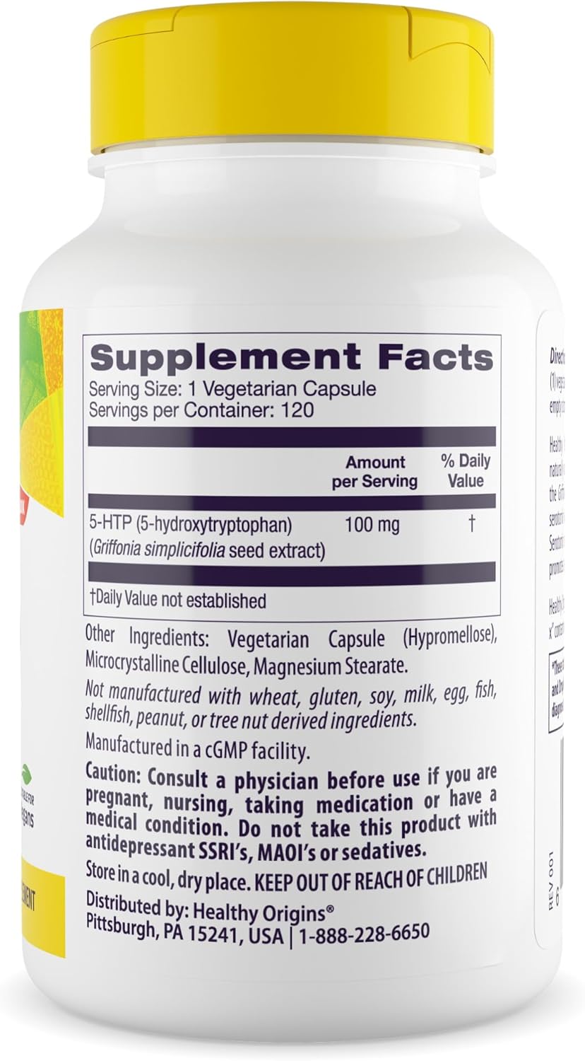 5-HTP 100mg Veggie Capsules - Non-GMO, Gluten-Free, Vegan - Healthy Origins - 120 Count