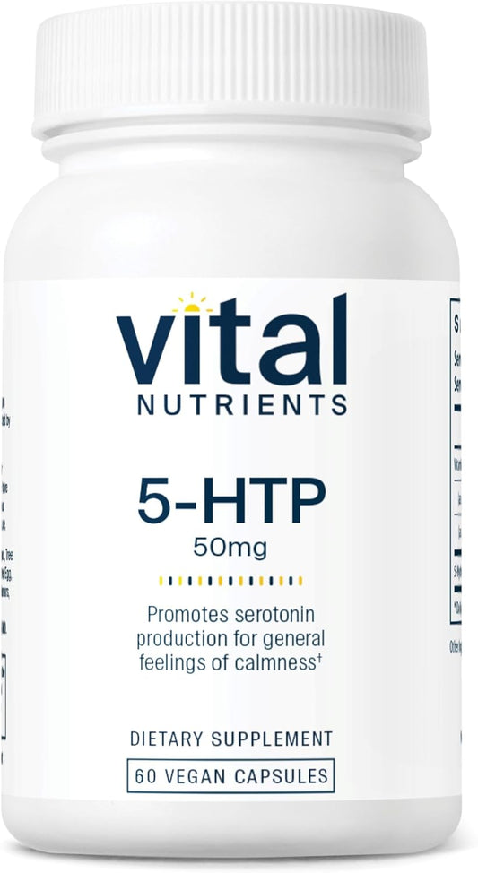 5-HTP 50mg Supplement for Serotonin Support, Sleep, and Stress Relief - Vegan with Vitamin B6 - Gluten, Dairy, Soy Free - Non-GMO - 60 Caps