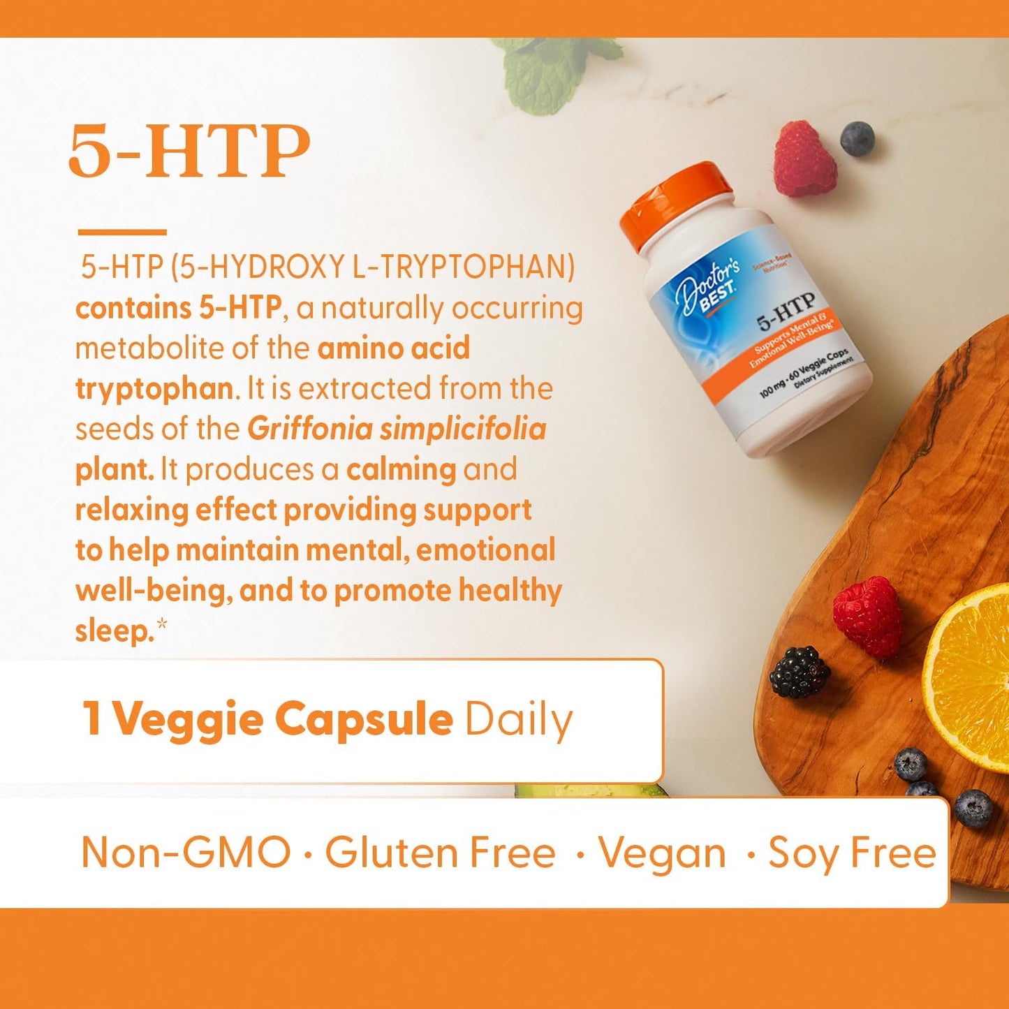 5-HTP Supplement for Mental & Emotional Well-Being - Non-GMO, Gluten Free, Soy Free, Vegan - 60 Capsules by Doctor's BEST