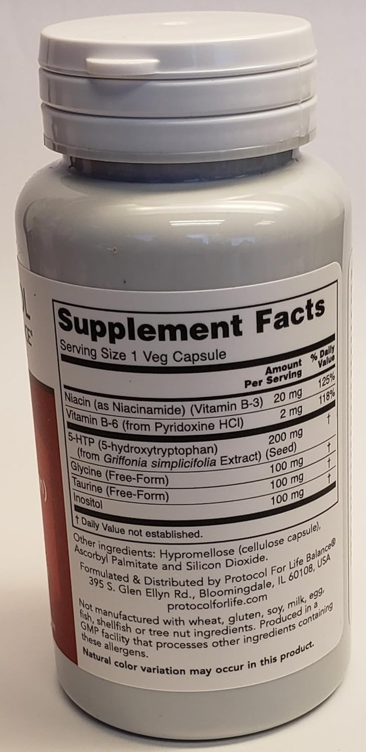 5-HTP Supplement with B Vitamins, Glycine, Taurine & Inositol - Serotonin & Relaxation Support - 60 Veg Caps - Gluten-Free, Dairy-Free, Kosher