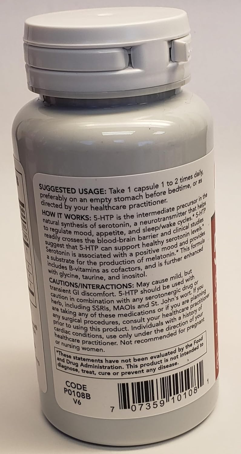 5-HTP Supplement with B Vitamins, Glycine, Taurine & Inositol - Serotonin & Relaxation Support - 60 Veg Caps - Gluten-Free, Dairy-Free, Kosher