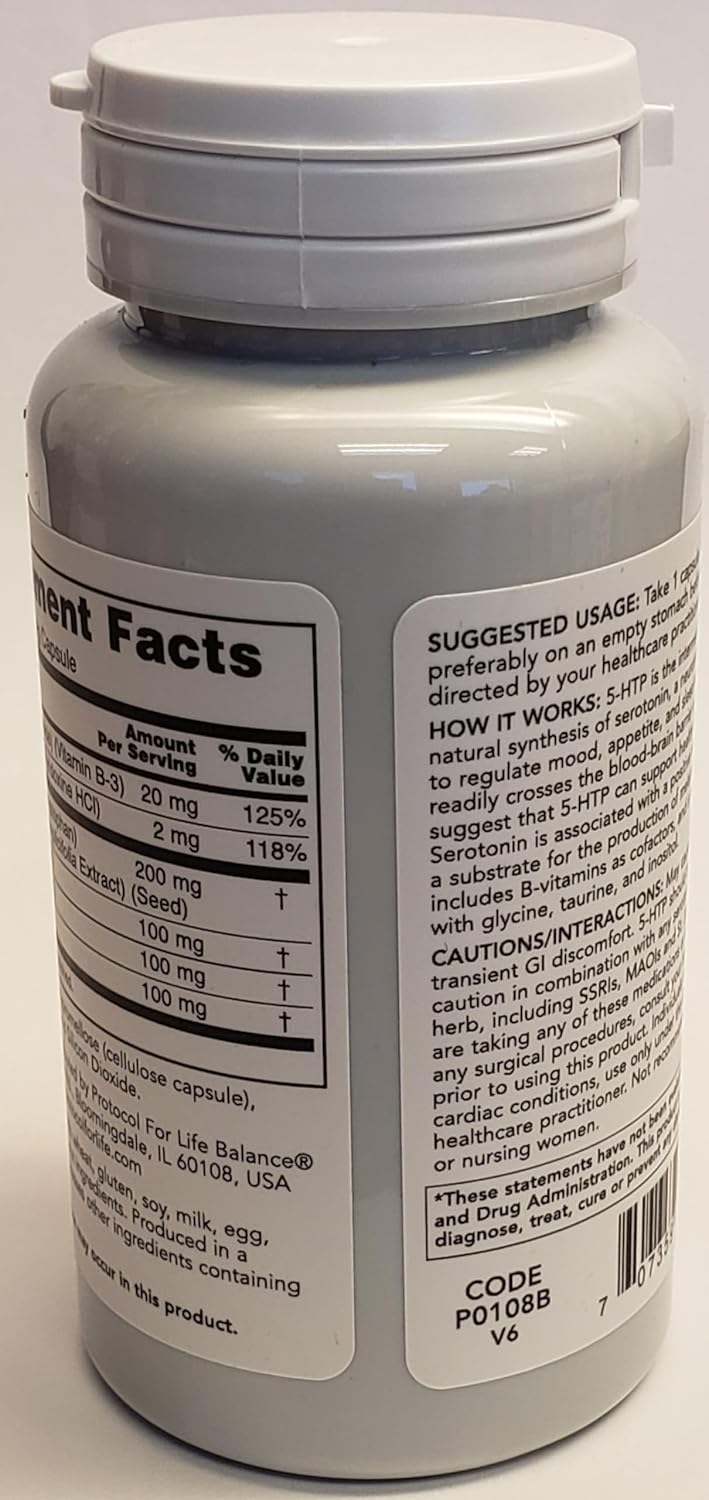 5-HTP Supplement with B Vitamins, Glycine, Taurine & Inositol - Serotonin & Relaxation Support - 60 Veg Caps - Gluten-Free, Dairy-Free, Kosher